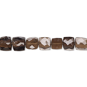 Bead, smoky quartz (heated / irradiated), 5-6mm hand-cut faceted cube with 0.4-1.4mm hole, B+ grade, Mohs hardness 7. Sold per 10-inch strand, approximately 40 beads.