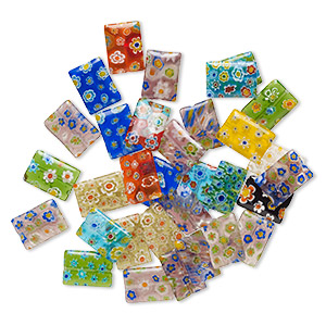 Bead mix, millefiori glass, opaque to transparent multicolored, 18x13mm puffed rectangle with 0.4-0.6mm hole. Sold per 2-ounce pkg, approximately 30-35 beads.