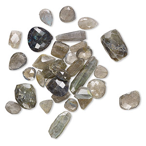 Bead mix, labradorite (natural), 11mm-33x9mm hand-cut top- and center-drilled faceted mixed shapes with 0.4-1.4mm hole, C grade, Mohs hardness 6 to 6-1/2. Sold per 2-ounce pkg, approximately 25-35 beads.