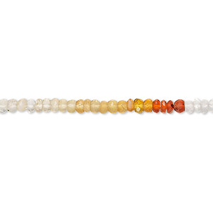 Bead, fire opal (natural), shaded, 2x1mm-3x2mm hand-cut faceted rondelle with 0.4-1.4mm hole, B+ grade, Mohs hardness 5 to 6-1/2. Sold per 13-inch strand.