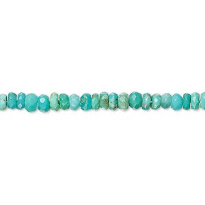 Bead, turquoise (dyed / stabilized), blue-green, 4x2mm-4x3mm faceted rondelle with 0.5-1.5mm hole, C+ grade, Mohs hardness 5 to 6. Sold per 13-inch strand.
