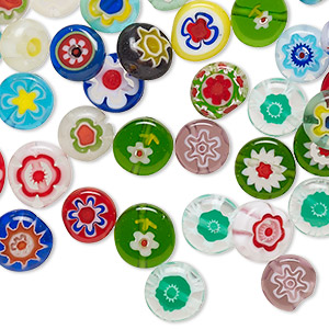 Bead mix, millefiori glass, opaque to transparent multicolored, 7-9mm flat round with 0.4-0.6mm hole. Sold per 2-ounce pkg, approximately 150-160 beads.