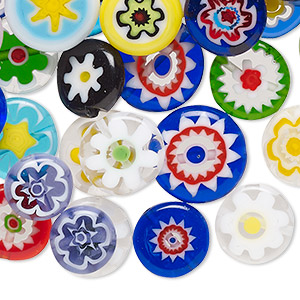 Bead mix, millefiori glass, opaque to transparent multicolored, 10-15mm flat round with 0.4-0.6mm hole. Sold per 2-ounce pkg, approximately 50-60 beads.