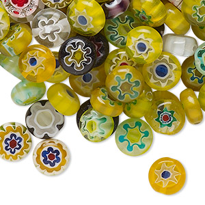 Bead mix, millefiori glass, opaque to transparent multicolored, 8mm puffed flat round with 0.4-0.6mm hole. Sold per 2-ounce pkg, approximately 150-160 beads.