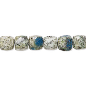 Bead, K2 &quot;jasper&quot; (granite and azurite) (natural), 8x7mm-9mm hand-cut faceted cube with 0.4-1.4mm hole, B- grade, Mohs hardness 3-1/2 to 7. Sold per 8-inch strand, approximately 25 beads.