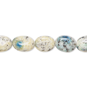 Bead, K2 &quot;jasper&quot; (granite and azurite) (natural), 10x8mm-13x9mm hand-cut puffed oval with 0.4-1.4mm hole, C+ grade, Mohs hardness 3-1/2 to 7. Sold per 8-inch strand, approximately 15 beads.