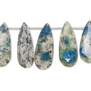 Bead, K2 &quot;jasper&quot; (granite and azurite) (natural), 21x9mm-24x10mm hand-cut top-drilled faceted puffed teardrop with 0.4-1.4mm hole, B grade, Mohs hardness 3-1/2 to 7. Sold per pkg of 19.