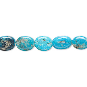 Bead, turquoise (dyed / stabilized), 6x3mm-11x8mm graduated hand-cut flat oval with 0.4-1.4mm hole, B grade, Mohs hardness 5 to 6. Sold per 17-inch strand.
