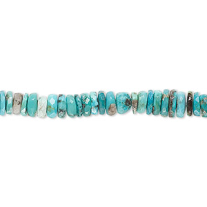 Bead, blue-green turquoise (dyed / stabilized), dark, 2x1mm-6x2mm graduated hand-cut faceted heishi with 0.4-1.4mm hole, C grade, Mohs hardness 5 to 6. Sold per 17-inch strand.