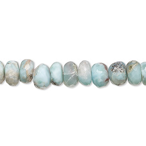 Bead, larimar (natural), 7x4mm-8x5mm hand-cut faceted rondelle with 0.4-1.4mm hole, C grade, Mohs hardness 4-1/2 to 5. Sold per 8-inch strand.