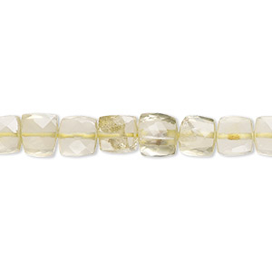 Bead, lemon quartz (heated), 6mm-7x6mm hand-cut faceted cube with 0.4-1.4mm hole, B+ grade, Mohs hardness 7. Sold per 10-inch strand, approximately 40 beads.