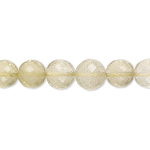 Bead, lemon quartz (heated), 8-9mm hand-cut micro-faceted round with 0.4-1.4mm hole, B- grade, Mohs hardness 7. Sold per 8-inch strand, approximately 20 beads.