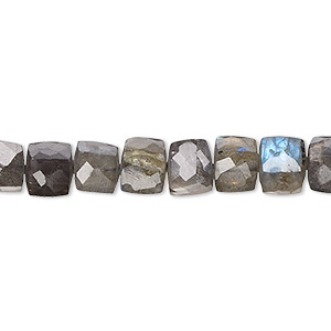 Bead, labradorite (natural), 5mm-7x6mm hand-cut faceted cube, B+ grade, Mohs hardness 6 to 6-1/2. Sold per 8-inch strand, approximately 30 beads.