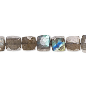 Bead, labradorite (natural), 7-8mm hand-cut faceted cube, B+ grade, Mohs hardness 6 to 6-1/2. Sold per 8-inch strand, approximately 25 beads.