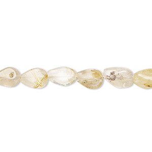 Bead, golden rutilated quartz (natural), 7x5mm-12x6mm hand-cut puffed teardrop with 0.4-1.4mm hole, C grade, Mohs hardness 7. Sold per 8-inch strand.