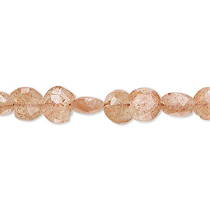 Bead, sunstone (natural), 6-8mm hand-cut faceted puffed flat round with 0.4-1.4mm hole, B grade, Mohs hardness 6 to 6-1/2. Sold per 13-inch strand, approximately 50 beads.