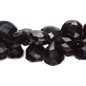 Bead, black onyx (dyed), 11x10mm-13x12mm hand-cut top-drilled faceted puffed teardrop with 0.4-1.4mm hole, B grade, Mohs hardness 6-1/2 to 7. Sold per 7-inch strand, approximately 50 beads.