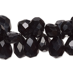 Bead, black onyx (dyed), 11x9mm-16x10mm hand-cut top-drilled faceted puffed teardrop with 0.4-1.4mm hole, B grade, Mohs hardness 6-1/2 to 7. Sold per 8-inch strand, approximately 50 beads.