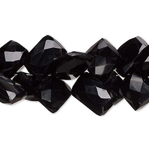 Bead, black onyx (dyed), 9x8mm-16x10mm hand-cut corner-drilled faceted puffed square and rectangle with 0.4-1.4mm hole, B grade, Mohs hardness 6-1/2 to 7. Sold per 8-inch strand, approximately 50 beads.