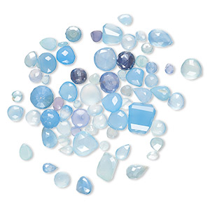 Bead mix, blue chalcedony (dyed / coated), light to medium, 5x3mm-15mm hand-cut top- and center-drilled faceted mixed shapes with 0.4-1.4mm hole, C grade, Mohs hardness 6-1/2 to 7. Sold per 1-ounce pkg, approximately 60-70 beads.