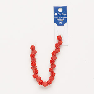 Bead, acrylic, opaque red, 10mm rose with 0.6mm hole. Sold per 7-inch strand.