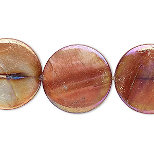 Bead, mother-of-pearl shell (dyed), copper peacock, 20mm puffed flat round with 0.4mm hole, Mohs hardness 3-1/2. Sold per 15-1/2&quot; to 16&quot; strand.