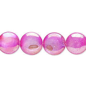 Bead, mother-of-pearl shell (dyed), fuchsia AB, 10-12mm puffed flat round with 0.4mm hole, Mohs hardness 3-1/2. Sold per 15-inch strand.