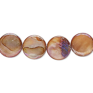 Bead, mother-of-pearl shell (dyed), terra cotta AB, 11-12mm puffed flat round with 0.4mm hole, Mohs hardness 3-1/2. Sold per 15-inch strand.