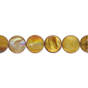 Bead, mother-of-pearl shell (dyed), terra cotta AB, 8-9mm flat round with 0.4mm hole, Mohs hardness 3-1/2. Sold per 15-inch strand.