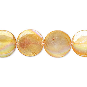 Bead, mother-of-pearl shell (dyed), mango AB, 14mm puffed flat round with 0.4mm hole, Mohs hardness 3-1/2. Sold per 15-inch strand.