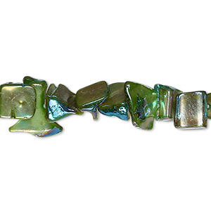 Bead, mother-of-pearl shell (dyed), green apple AB, medium chip with 0.4-0.6mm hole, Mohs hardness 3-1/2. Sold per 15-inch strand.