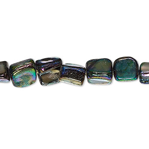 Bead, mother-of-pearl shell (dyed), iris green, 8x7mm-10x8mm triangular tube with 0.4-0.6mm hole, Mohs hardness 3-1/2. Sold per 15-inch strand.