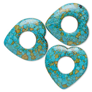 Component, mosaic &quot;turquoise&quot; (magnesite) (dyed / assembled), blue / green / brown, 41x40mm heart donut, C- grade, Mohs hardness 3-1/2 to 4. Sold per pkg of 3.