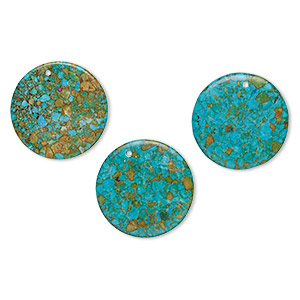 Focal, mosaic &quot;turquoise&quot; (magnesite) (dyed / assembled), blue / green / brown, 40mm top-drilled puffed flat round, C- grade, Mohs hardness 3-1/2 to 4. Sold per pkg of 3.