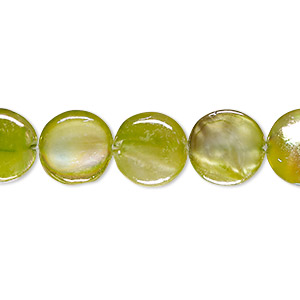 Bead, mother-of-pearl shell (dyed), yellow-green AB, 10-11mm puffed flat round with 0.4-0.6mm hole, Mohs hardness 3-1/2. Sold per 15-inch strand.