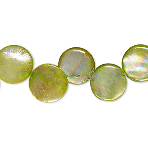 Bead, mother-of-pearl shell (dyed), yellow-green AB, 11-12mm top-drilled puffed flat round with 0.4-0.6mm hole, Mohs hardness 3-1/2. Sold per 15-inch strand.