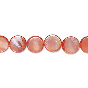 Bead, mother-of-pearl shell (dyed), salmon AB, 9mm flat round with 0.4-0.6mm hole, Mohs hardness 3-1/2. Sold per 15-inch strand.
