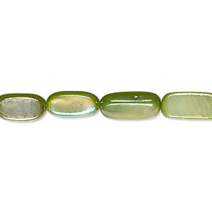 Bead, mother-of-pearl shell (dyed), green apple AB, 11x5mm-13x6mm puffed oval with 0.4-0.6mm hole, Mohs hardness 3-1/2. Sold per 15-inch strand.