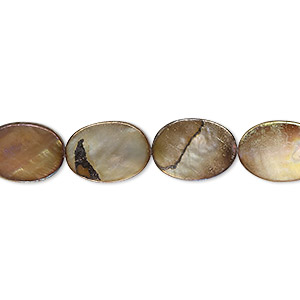 Bead, mother-of-pearl shell (dyed), golden brown AB, 12x9mm-13x9mm flat oval with 0.4-0.6mm hole, Mohs hardness 3-1/2. Sold per 15-inch strand.