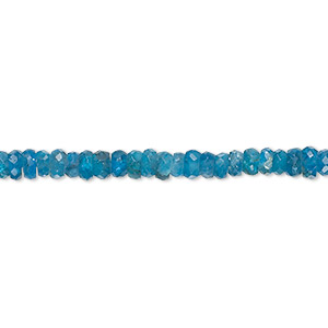 Bead, neon blue apatite (natural), 3x1mm-4x3mm hand-cut faceted rondelle with 0.4-1mm hole, B- grade, Mohs hardness 5. Sold per 13-inch strand, approximately 170 beads.