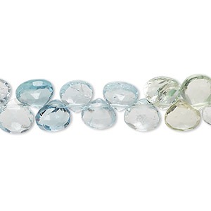 Bead, multi-beryl (natural / heated), 7-8mm hand-cut top-drilled faceted puffed teardrop with 0.4-1mm hole, B grade, Mohs hardness 7-1/2 to 8. Sold per 8-inch strand, approximately 45 beads.