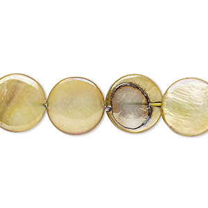 Bead, mother-of-pearl shell (dyed), golden pear AB, 12mm puffed flat round with 0.6-0.8mm hole, Mohs hardness 3-1/2. Sold per 15-1/2&quot; to 16&quot; strand.