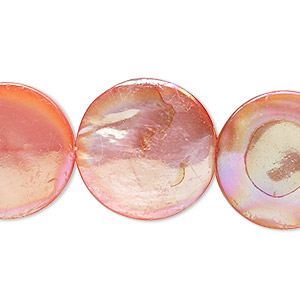 Bead, mother-of-pearl shell (dyed), flamingo AB, 20-21mm puffed flat round with 0.6-0.8mm hole, Mohs hardness 3-1/2. Sold per 15-inch strand.