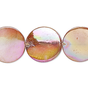 Bead, mother-of-pearl shell (dyed), mauve AB, 18mm puffed flat round with 0.6-0.8mm hole, Mohs hardness 3-1/2. Sold per 15-inch strand.