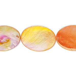 Bead, mother-of-pearl shell (dyed), orange AB, 19x15mm-20x15mm flat oval with 0.6-0.8mm hole, Mohs hardness 3-1/2. Sold per 15-inch strand.
