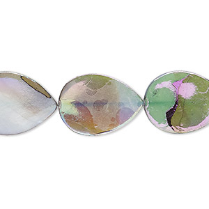 Bead, mother-of-pearl shell (dyed), light blue steel AB, 18x13mm flat teardrop with 0.6-0.8mm hole, Mohs hardness 3-1/2. Sold per 15-inch strand.