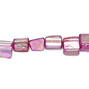 Bead, mother-of-pearl shell (dyed), magenta AB, 8x7mm-10x8mm triangular tube with 0.6-0.8mm hole, Mohs hardness 3-1/2. Sold per 15-inch strand.