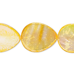 Bead, mother-of-pearl shell (dyed), yellow and orange AB, 21x17mm-22x18mm flat teardrop with 0.6-0.8mm hole, Mohs hardness 3-1/2. Sold per 15-1/2&quot; to 16&quot; strand.