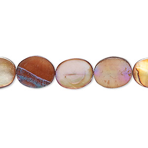Bead, mother-of-pearl shell (dyed), antique red-brown AB, 11x9mm-12x9mm flat oval with 0.6-0.8mm hole, Mohs hardness 3-1/2. Sold per 15-inch strand.
