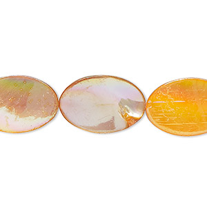 Bead, mother-of-pearl shell (dyed), orange AB, 17x12mm-18x13mm flat oval with 0.6-0.8mm hole, Mohs hardness 3-1/2. Sold per 15-inch strand.